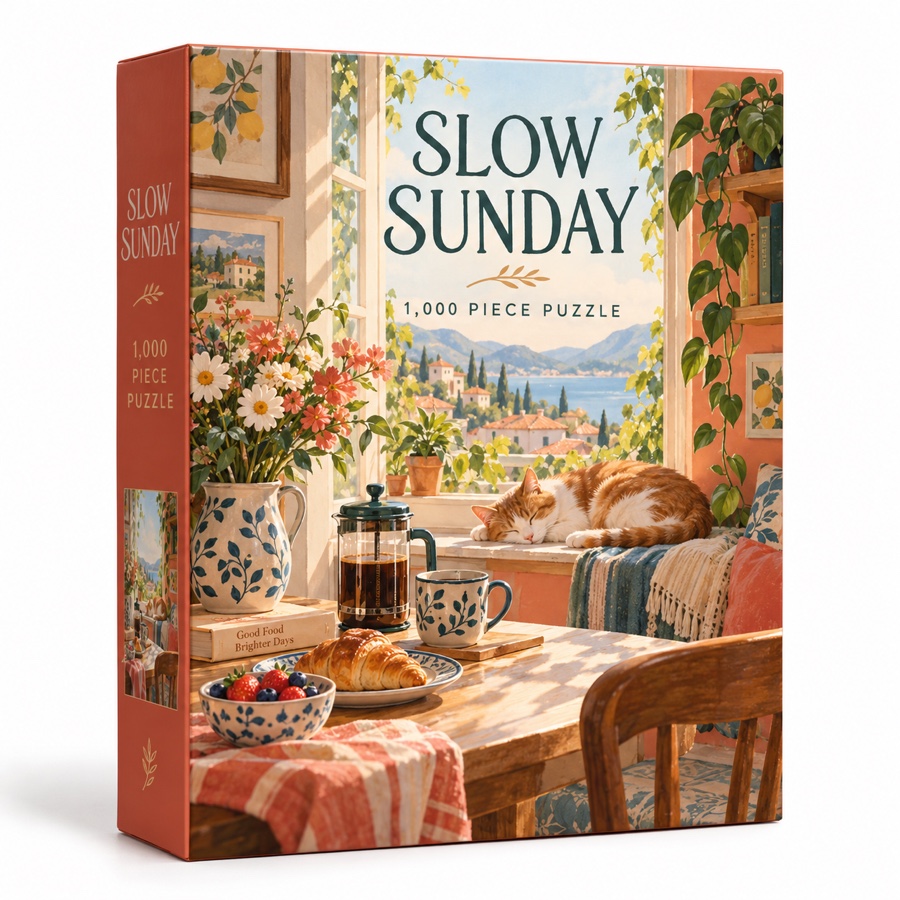 Slow Sunday, a fictional 1,000-piece puzzle with a sunny window and sleeping cat on the box